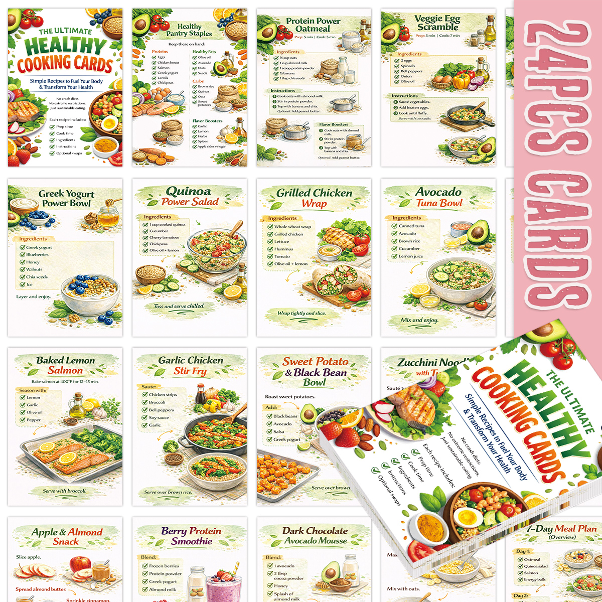 Health Wellness Items - 24pcs Cooking Recipe Cards With Grocery